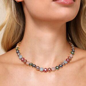 Stunning Multicolor Flower Tennis Necklace • Gold‑Tone Floral Gemstone Statement